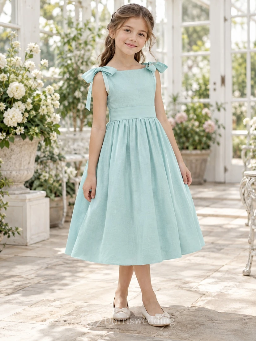 Simple Tea-length Aqua Bateau Shoulder Bow Cotton A-line Flower Girl Dress