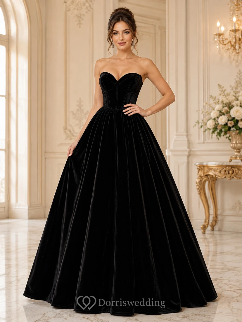 Vestido de noche formal largo hasta el suelo, estilo princesa, negro, sin tirantes, de terciopelo con escote corazón.