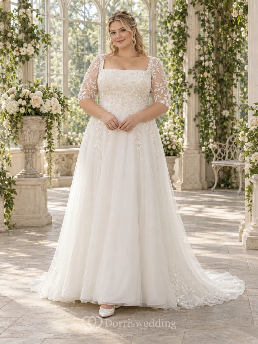 Vestido de novia de corte A, modesto, con escote cuadrado, encaje y tul, con mangas cortas adornadas con cuentas.