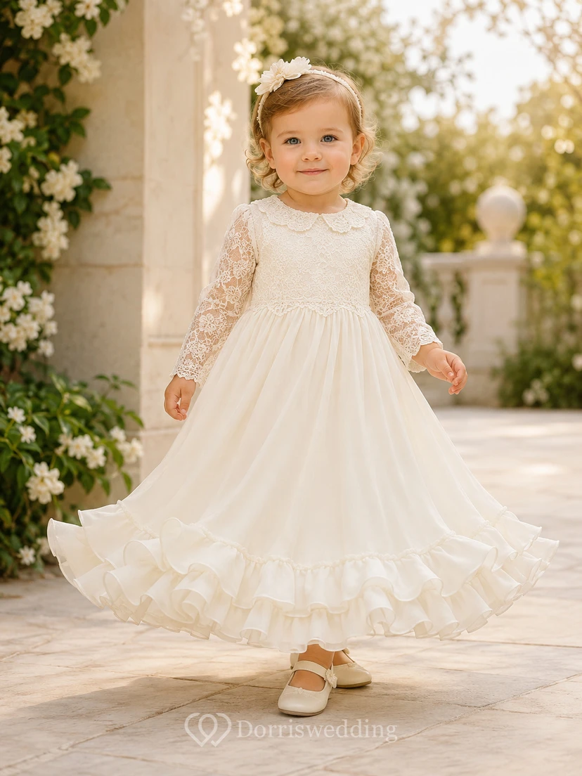 Baby-Taufkleid mit Rüschensaum, A-Linie, langen Spitzenärmeln und Teelänge, schlicht