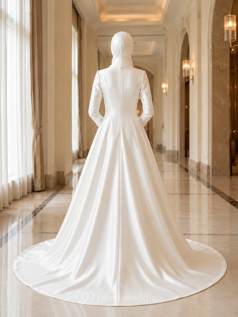 Simple Muslim Long Sleeve Satin Ball Gown Chapel Wedding Dress view 2