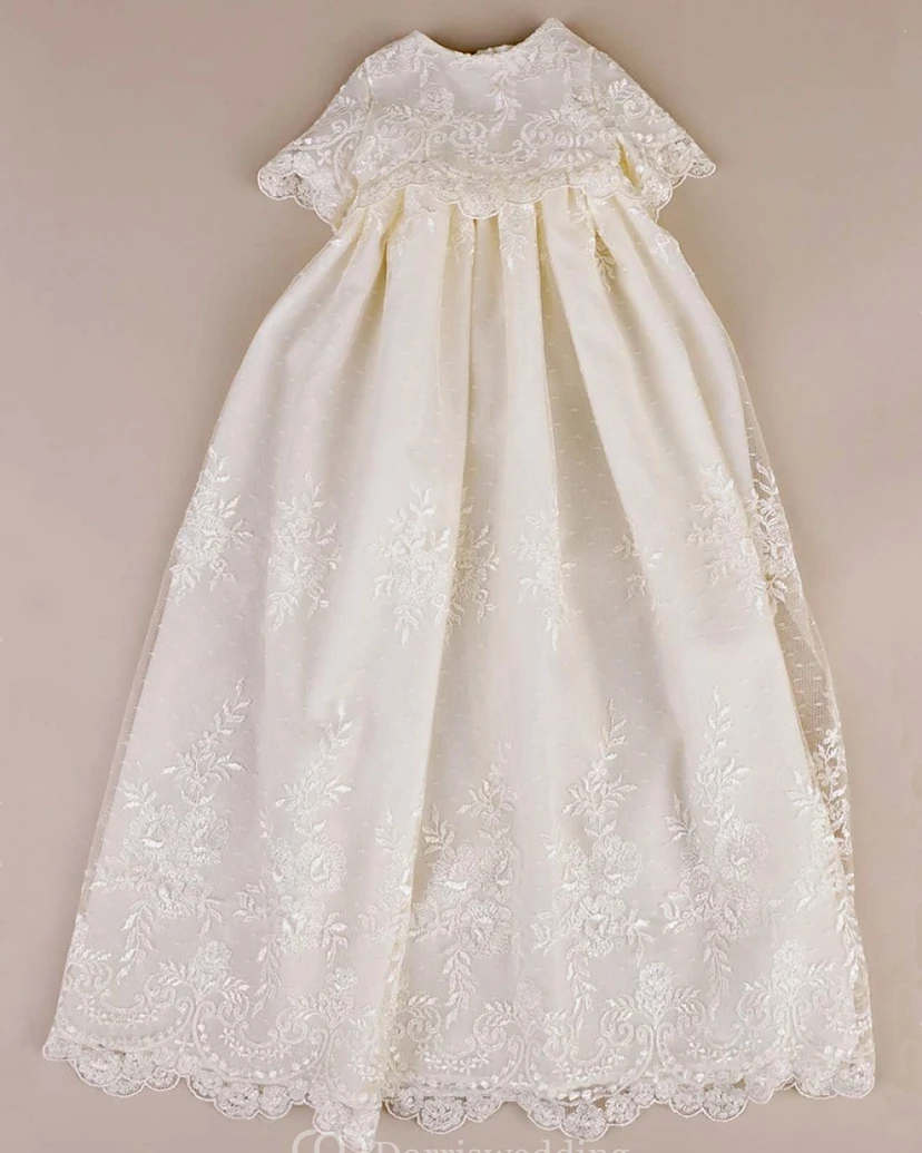 Lace Appliqued Christening Gown With Buttons And Bow view 2