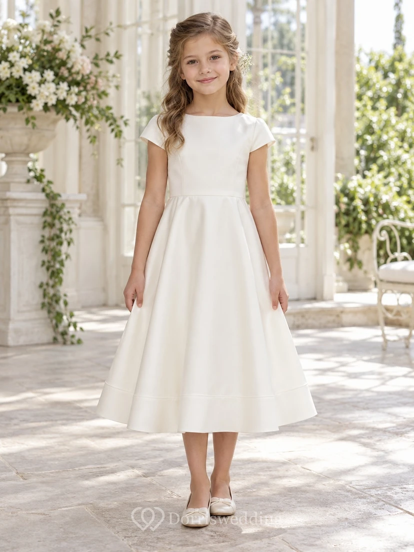 Schlichtes elfenbeinfarbenes, teelanges Blumenmädchenkleid mit U-Boot-Ausschnitt, flachen Flügelärmeln, glattem Satin, natürlicher Taille, mäßig ausgestelltem Rock, tiefem Saum und Reißverschluss hinten.
