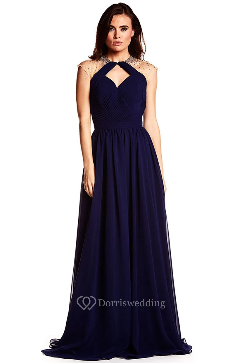 High Neck Sleeveless Beaded Chiffon Prom Dress With Keyhole