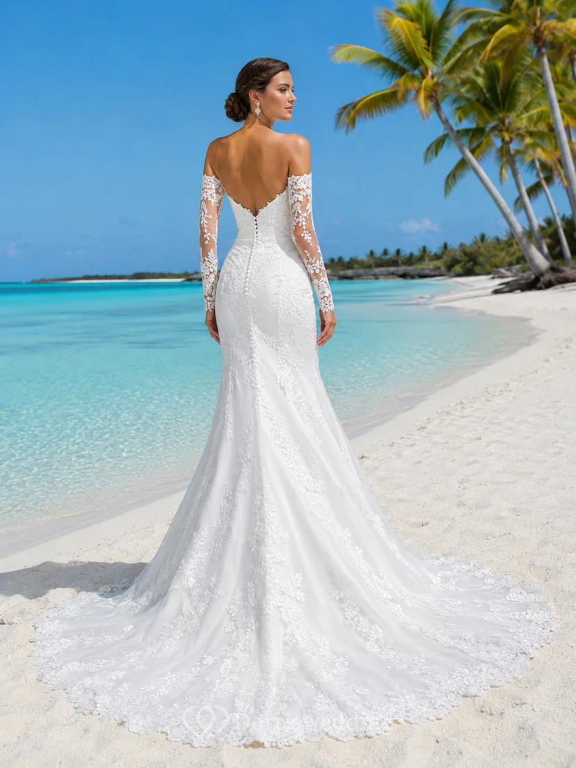 Robe de mariée sirène en dentelle à épaules dénudées et manches illusion, style bord de mer view 2