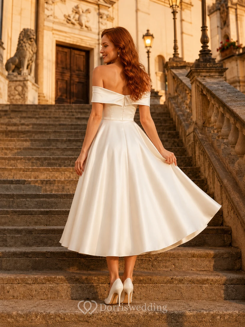 Schulterfreies, wadenlanges, romantisches A-Linien-Satin-Brautkleid für standesamtliche Hochzeiten view 2