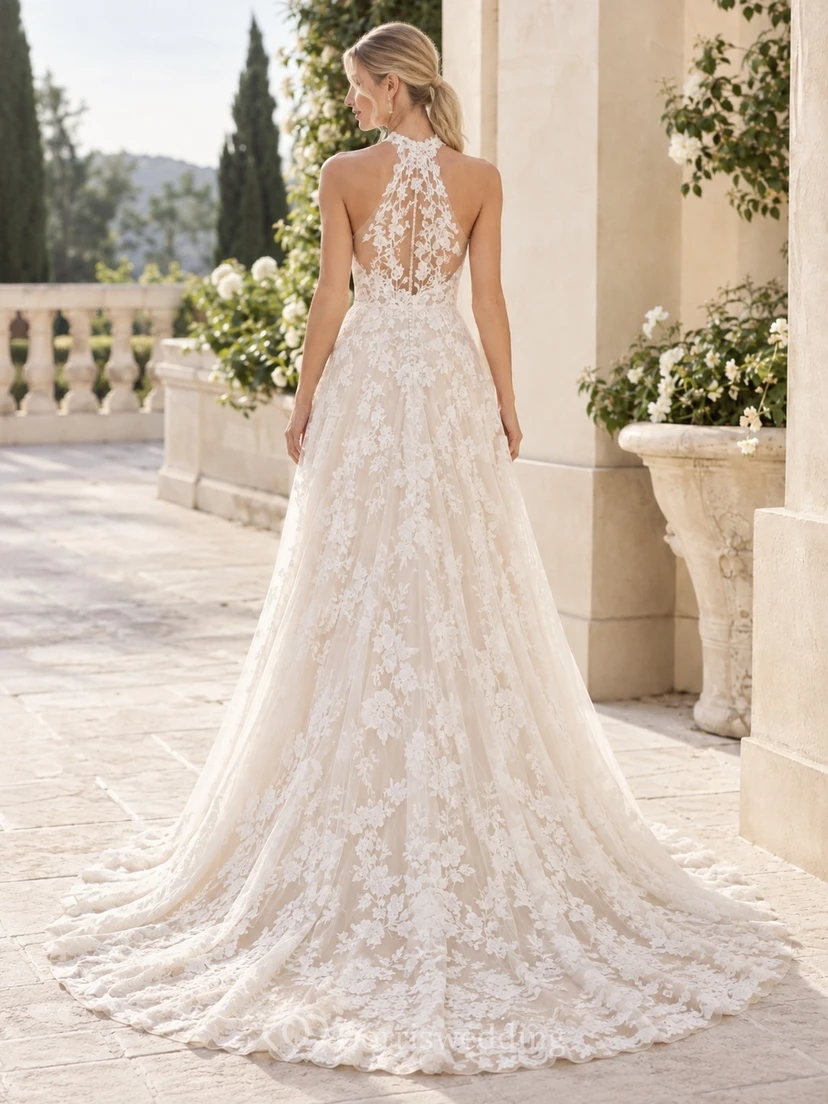 Robe de mariée champagne dos nu col montant longue traîne en dentelle florale view 2