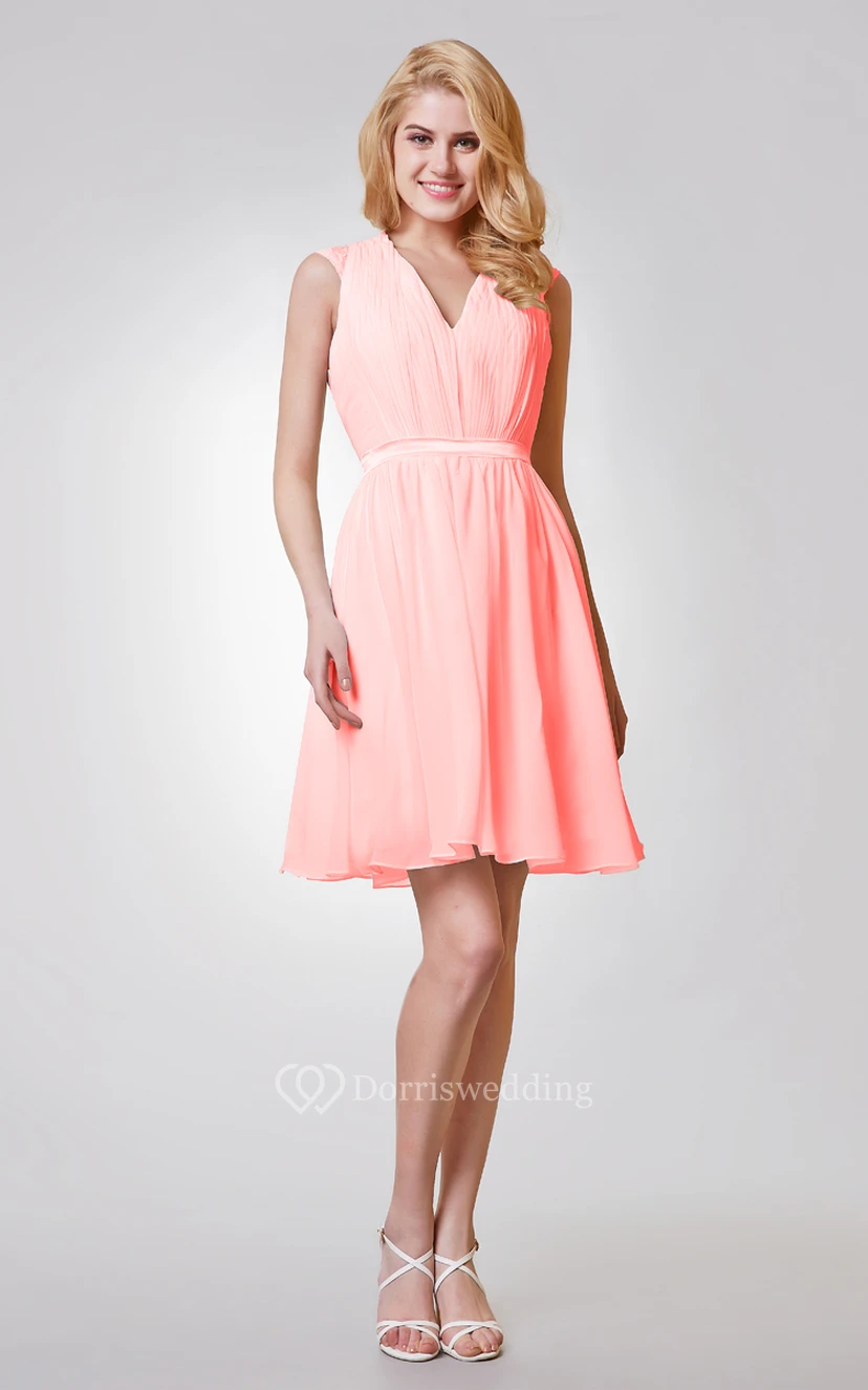 V-neck Appliqued A-line Short Chiffon Dress With Keyhole and Ruching view 11