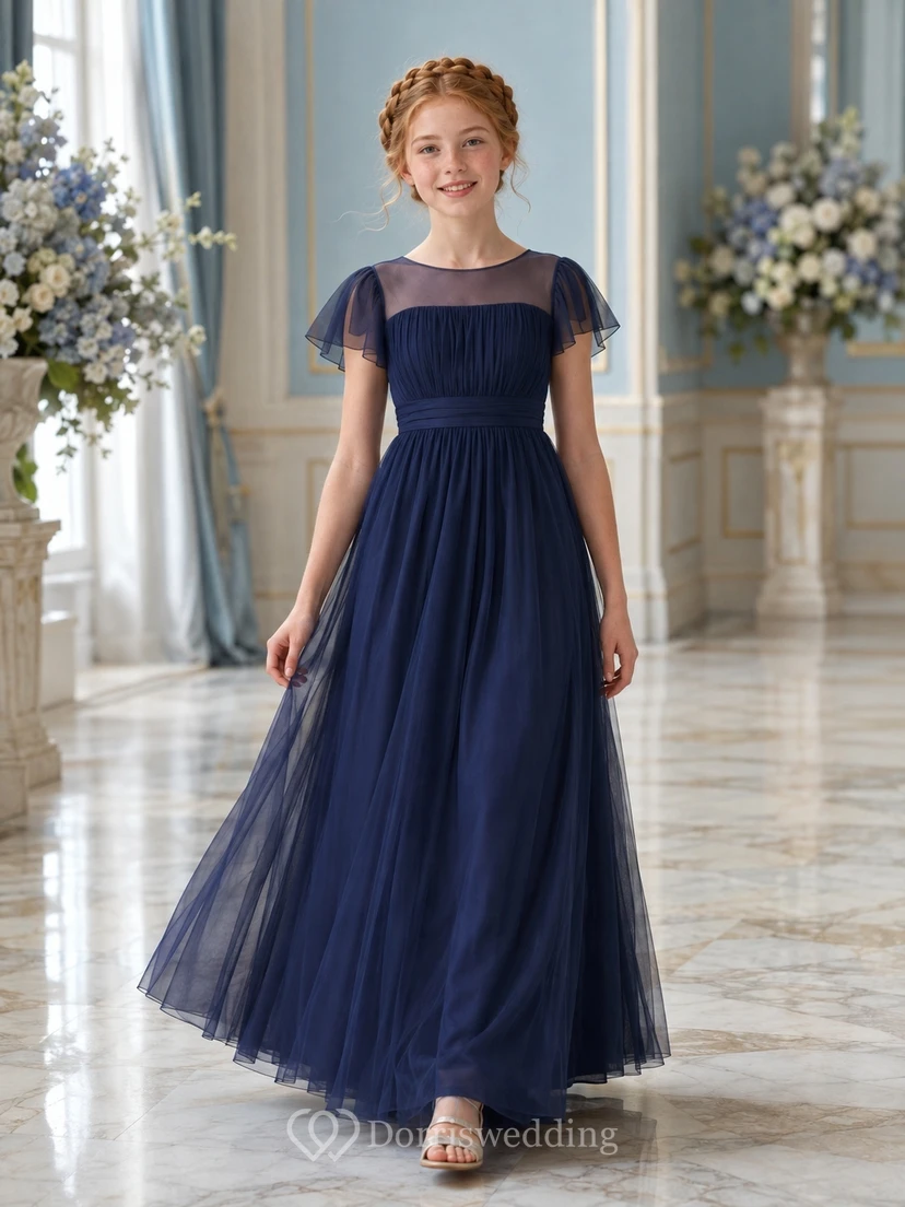 Dunkelblaues Brautjungfernkleid für junge Mädchen, A-Linie, bodenlang, mit Schmucksteinen besetzt, kurze Ärmel, Passe, romantisch