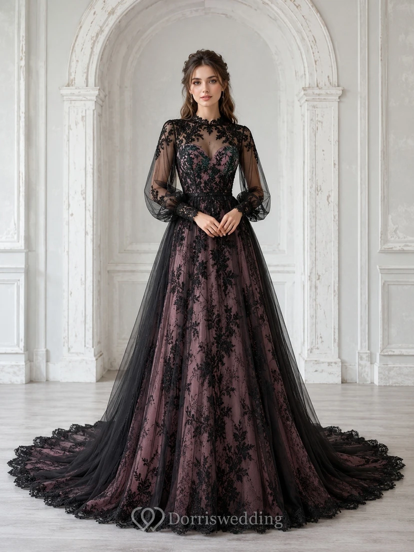 Vestido de novia negro de encaje, estilo princesa, de manga larga, cuello alto y corte princesa.