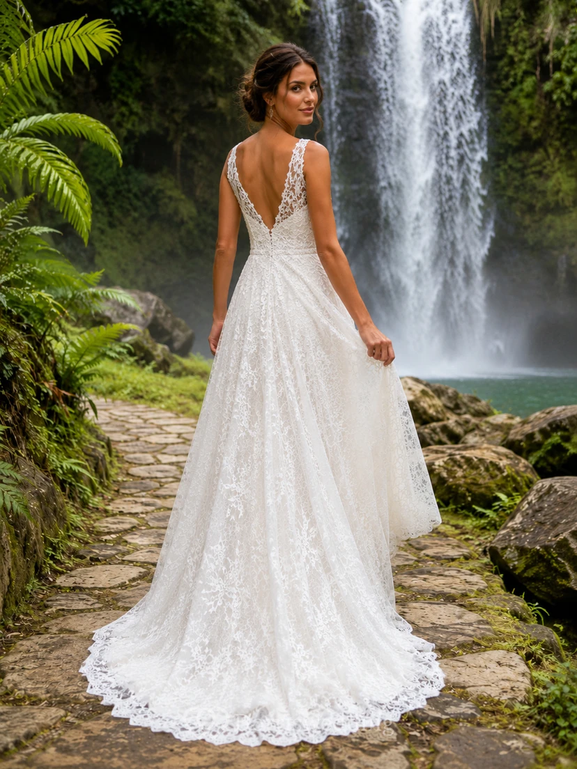 Robe de mariée de destination en dentelle intégrale, décolleté en V profond, coupe trapèze, traîne, coupe trapèze, avec traîne. view 2