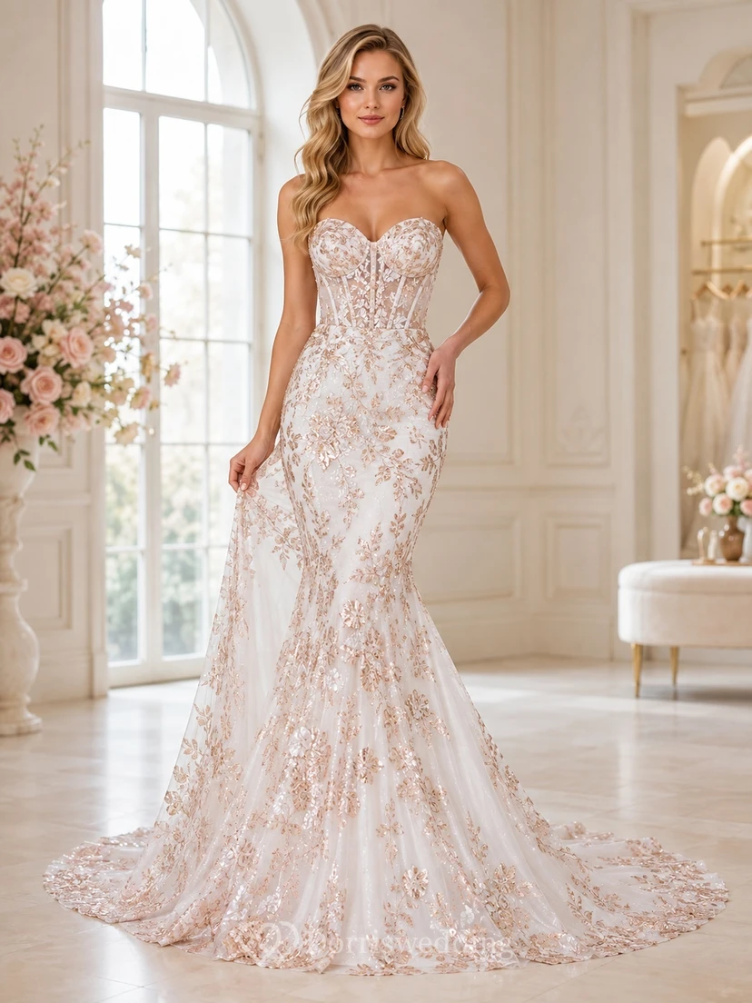 Meerjungfrauen-/Trompetenkleid mit Pailletten in Roségold, herzförmiger Silhouette, ärmellos, bodenlang, mit Schleppe – ein luxuriöses Brautkleid