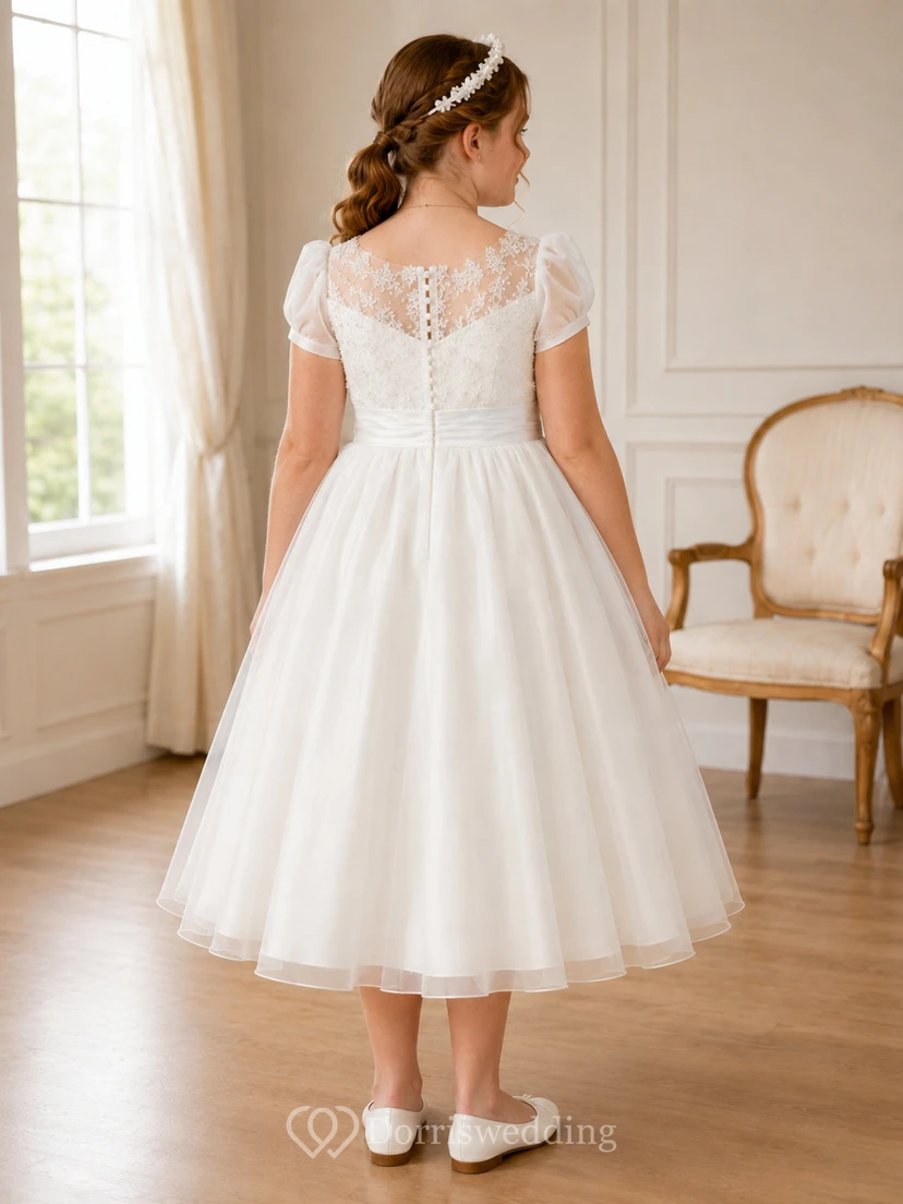Robe de communion en satin longueur thé à manches bouffantes effet cœur et manches bouffantes. view 2