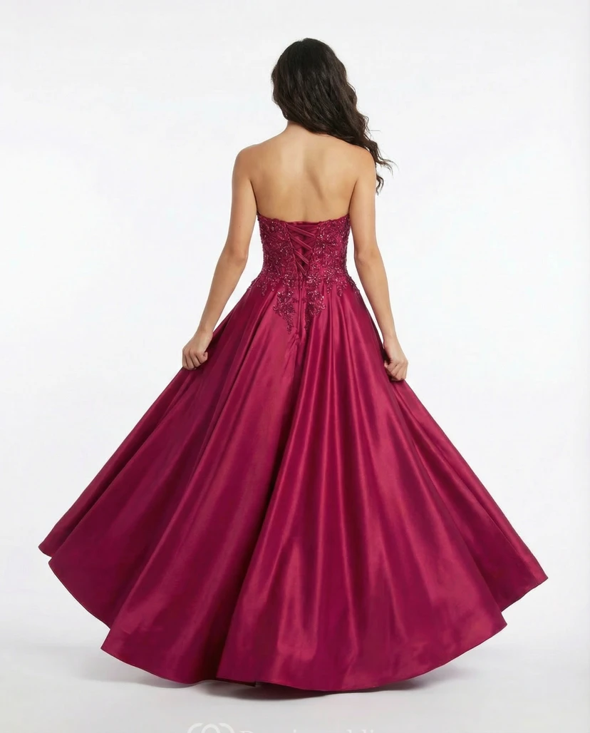 Fuchsia Satin Prom Ball Gown with Strapless Lace Bodice view 2