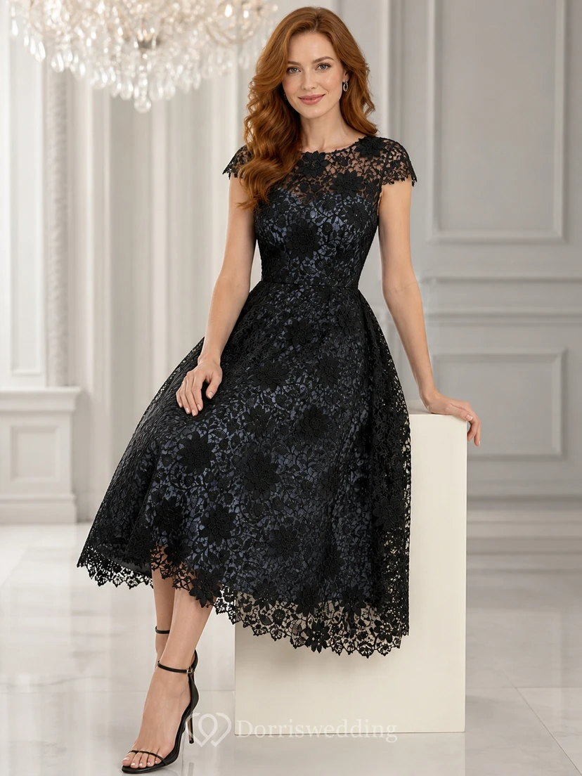 Robe de mère noire modeste vintage à manches courtes en dentelle bateau et manches courtes, longueur thé