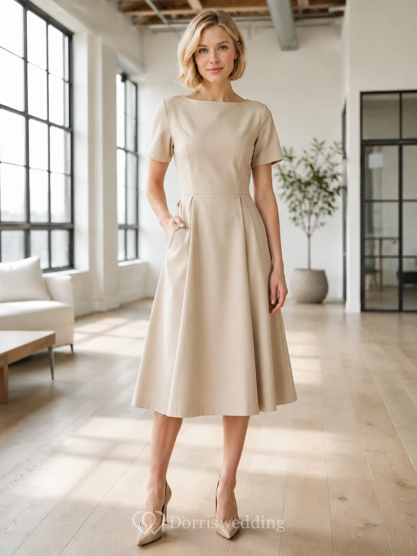 Taupe Guest A-Line Tea-Length Bateau Short Sleeve Pockets Simple Modern Dress