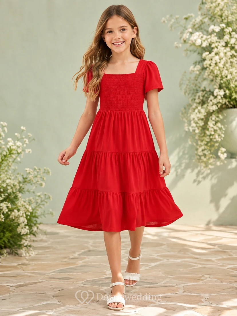 Red Square Neck Short Sleeve Tiered Chiffon Flowergirl Dress