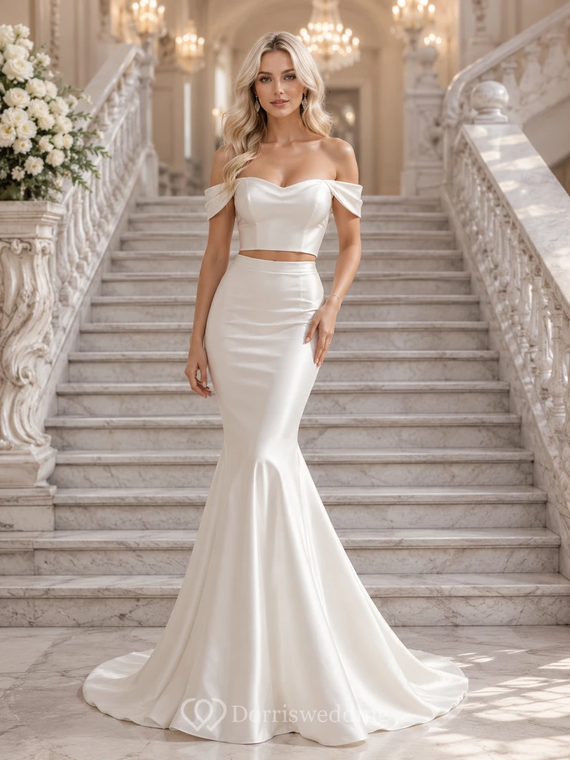 Off Shoulder Draped Satin Mermaid Ballroom Staircase Bridal Set