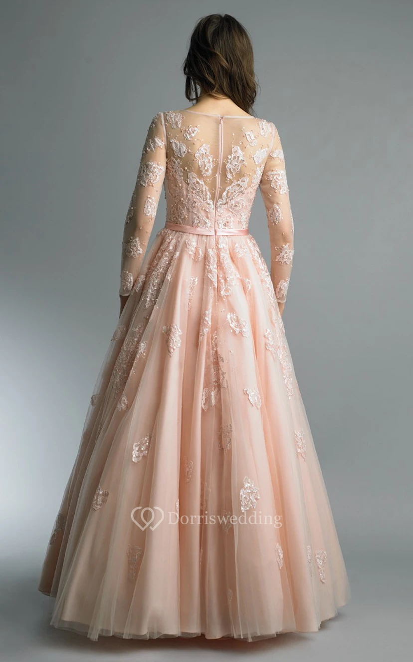 A-line Floor-length High Neck Long Sleeve Tulle Zipper Dress view 2