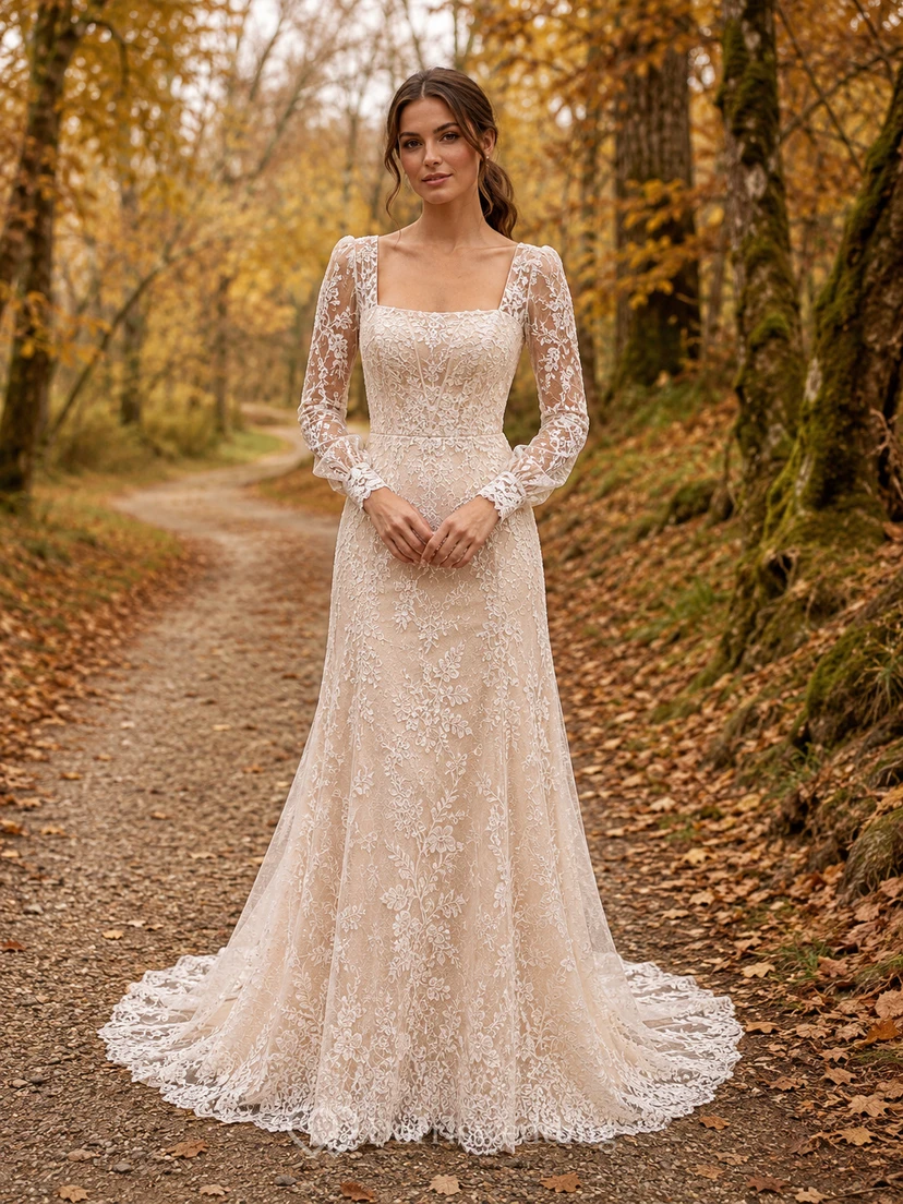 Vestido de encaje de manga larga con escote redondo para fuga romántica en el bosque, ideal para otoño.