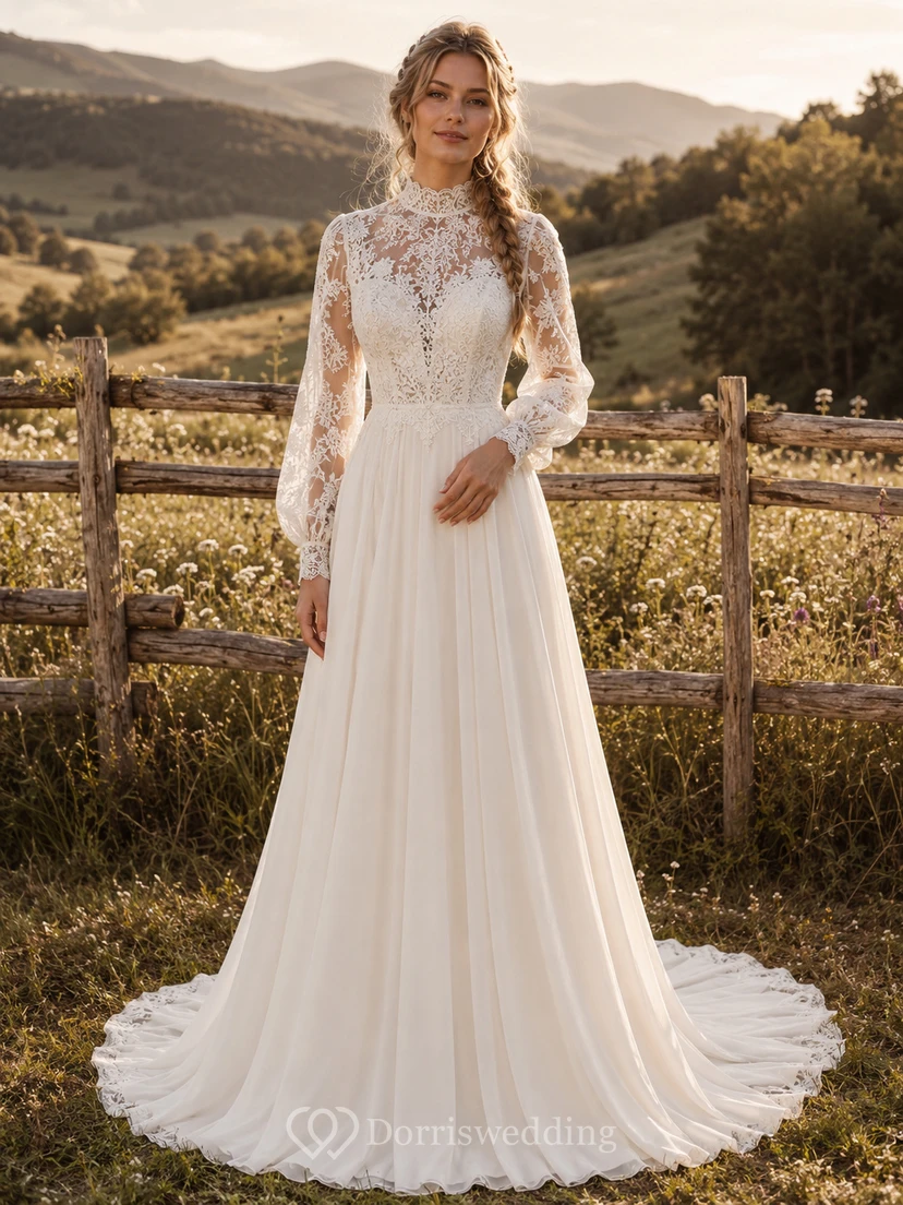 Vestido de novia de encaje campestre, corte A, escote en V, manga larga, cola de capilla.