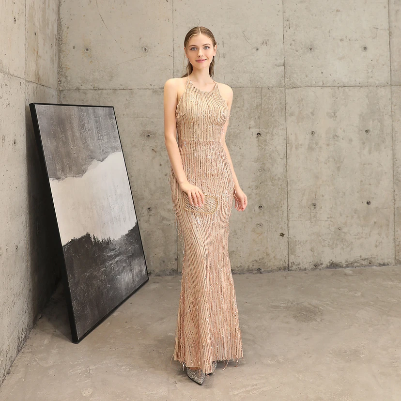 Vestido de noche elegante con borla de hilo de seda de poliéster y lentejuelas estilo cola de pez para banquetes, reuniones y eventos. Ideal para anfitriones. Modelo de coche. Otoño. view 31