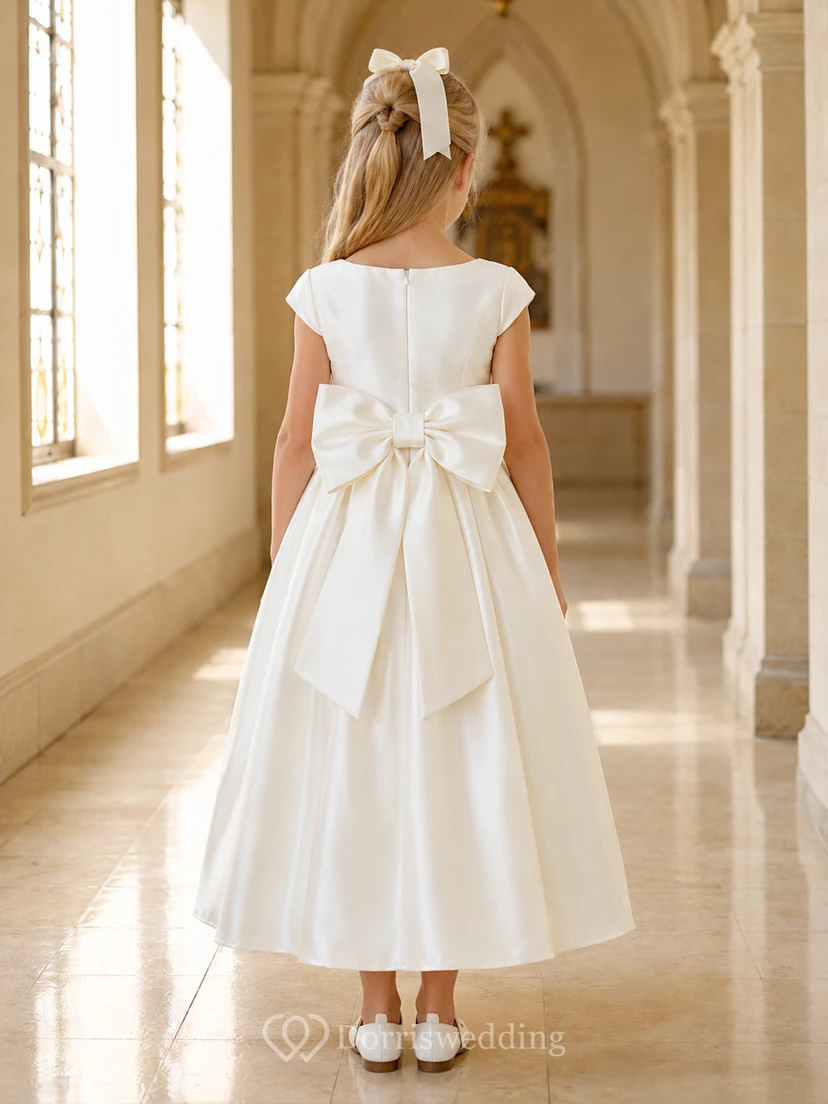 Robe de demoiselle d'honneur mi-longue en satin à manches courtes et nœud dans le dos, idéale pour une communion. view 2