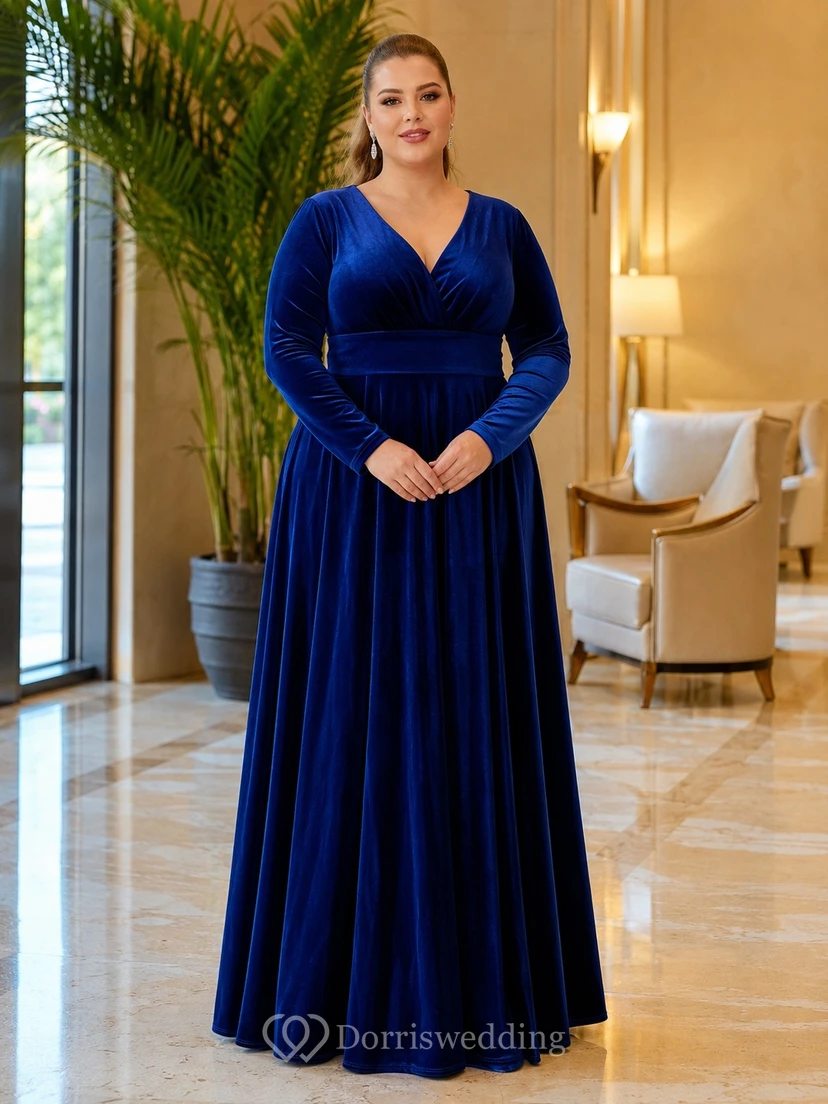 Vestido largo de talla grande con escote en V y mangas largas de terciopelo azul marino