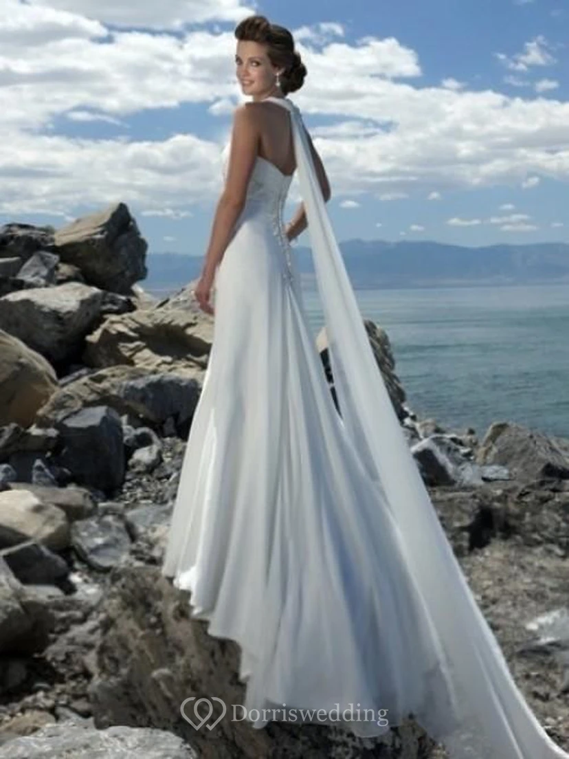 Robe de mariée simple en mousseline, taille empire, bretelles spaghetti, traîne, robe de plage, style plage view 2