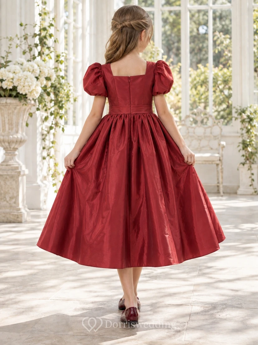 Square Neck Tea-length Cranberry Puff Sleeve Taffeta Flower Girl Dress view 2