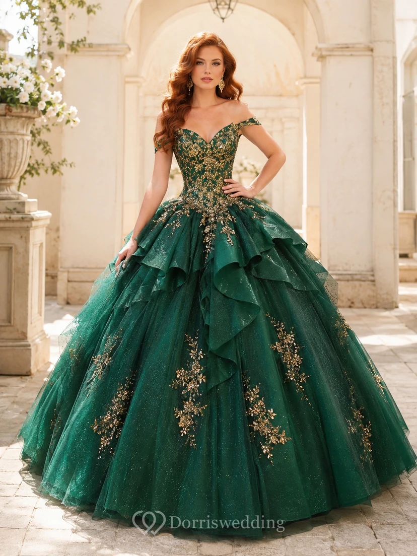 Lujoso vestido de fiesta de quinceañera de tul con volantes, hombros descubiertos y bordados dorados, color verde oscuro.