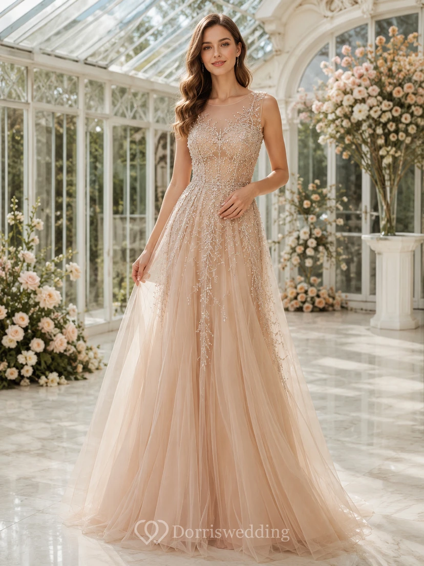 Crystal Atrium Champagne A-Linien-Kleid, bodenlang, ärmellos, Spaghettiträger, Tüll, Luxus-Abendkleid