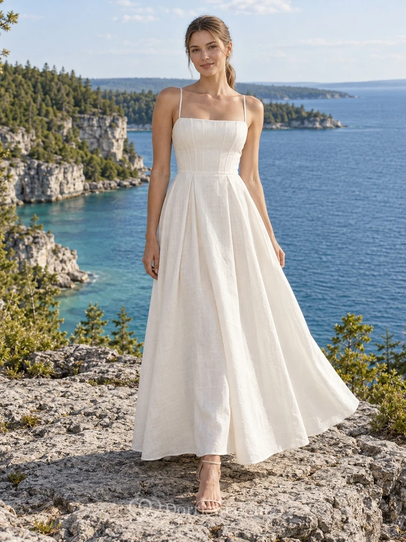 Brautkleid aus Leinenmischung mit eckigem Ausschnitt, Spaghettiträgern und knöchellangem A-Linien-Rock