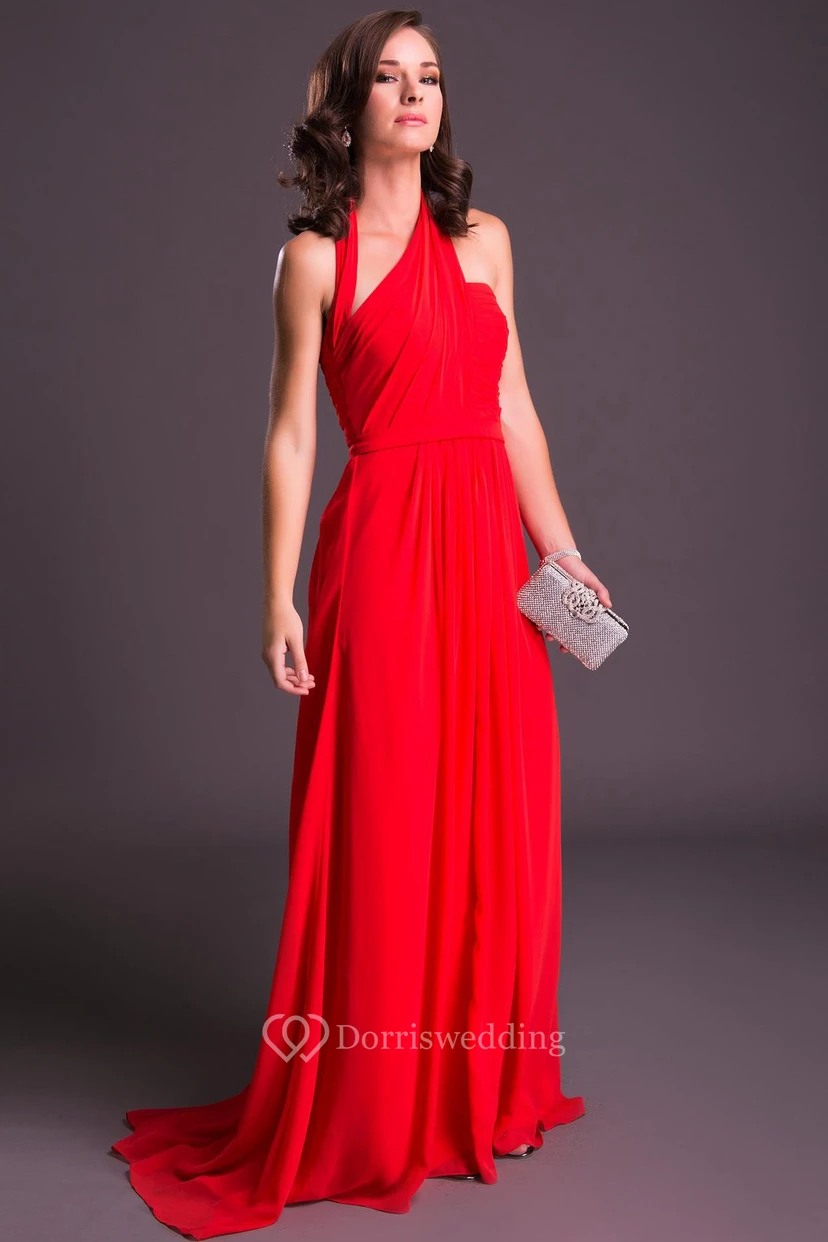 Sheath Sleeveless Floor-Length Haltered Chiffon Prom Dress