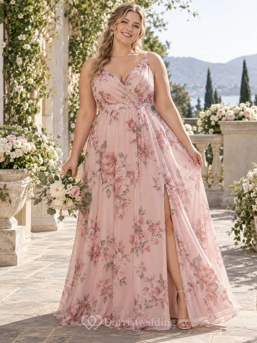 Vestido de dama de honor largo hasta el suelo, de corte A, sin mangas, con escote en V y abertura lateral, color rosa con estampado floral, talla grande.