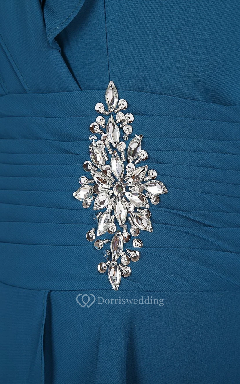 V-neck Tiered Chiffon A-line Gown With Crystal Detail view 5