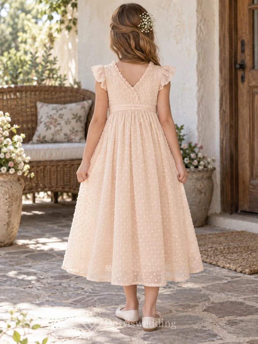 Apricot V-neck Ruffle Strap Bow Swiss Dot Cotton Flower Girl Dress view 2