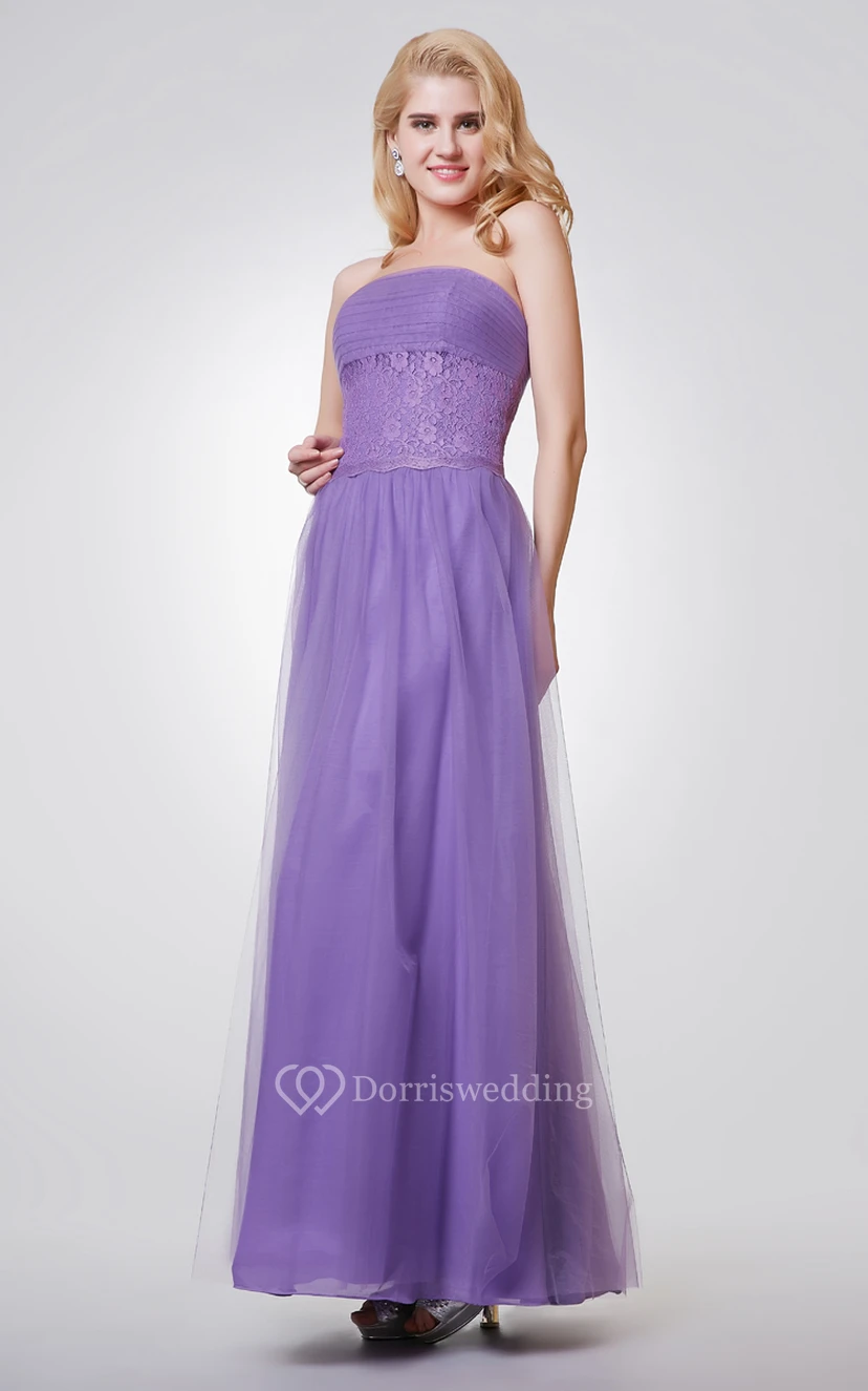 Robe longue bustier trapèze en mousseline et dentelle froncée view 3
