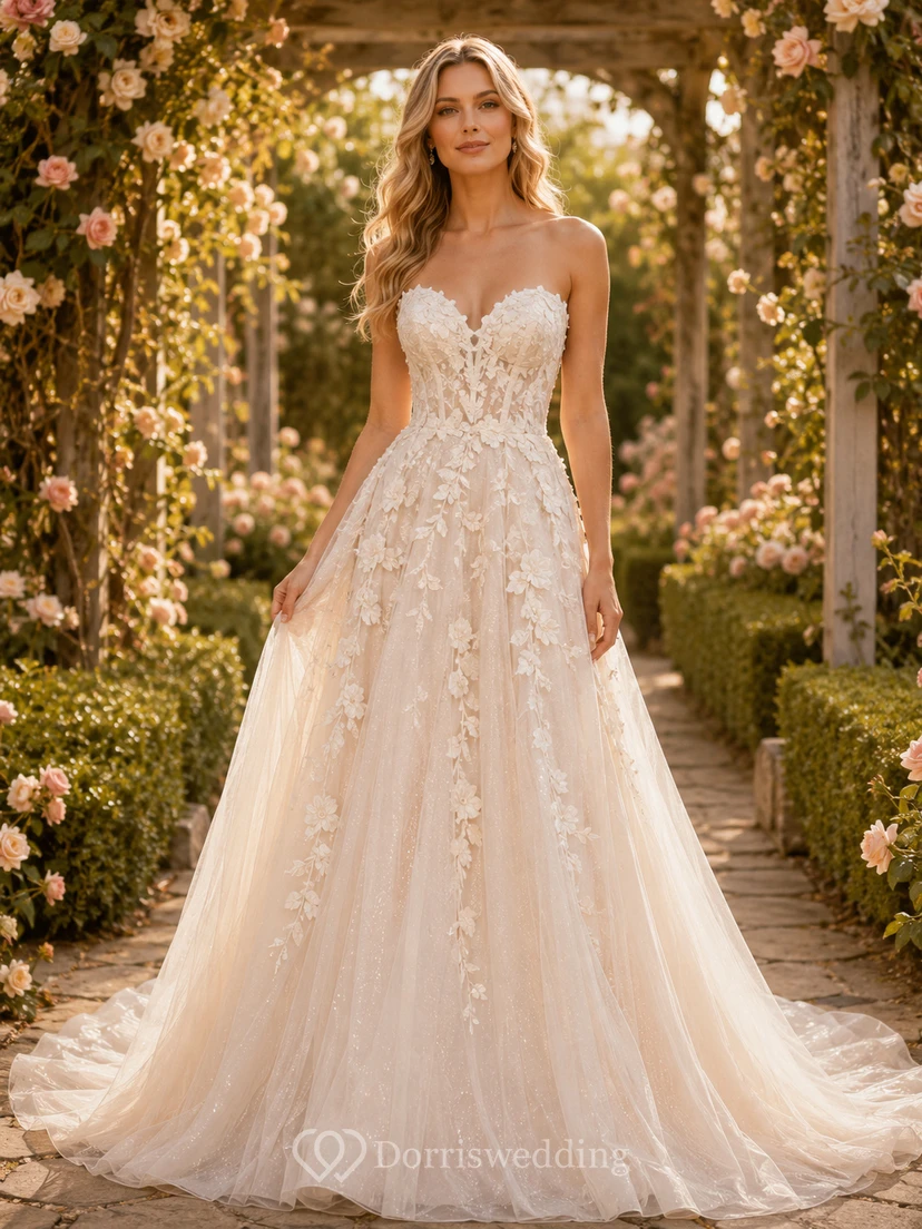 Champagnerfarbenes, trägerloses Brautkleid aus Tüll mit floralen Applikationen
