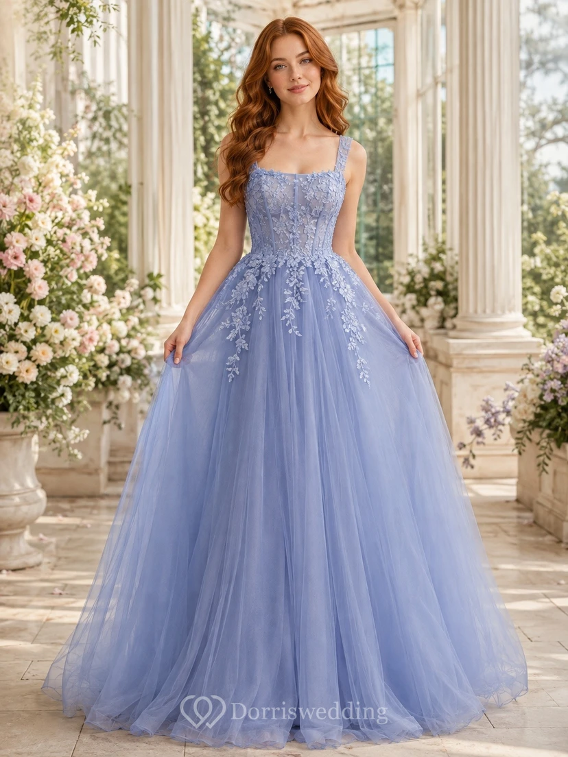 Vestido de gala de tul y encaje sin mangas con escote cuadrado azul pizarra para damas de honor