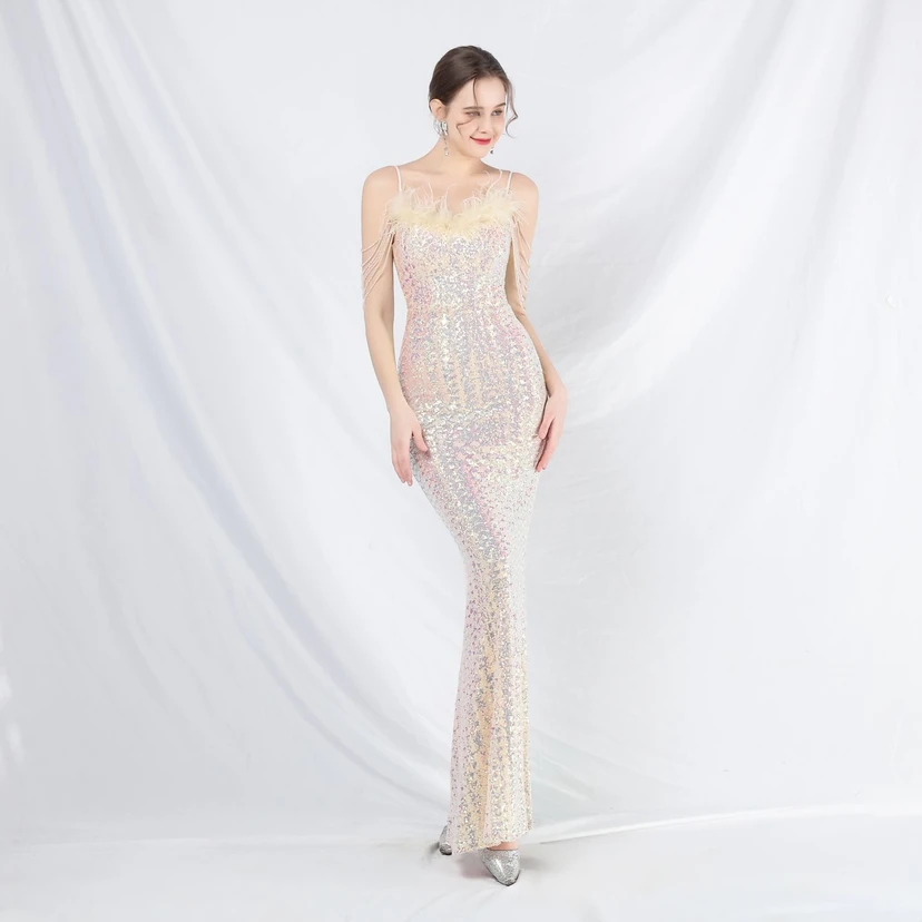 Craft Beaded Ostrich Feather Fantasy Sequined Long Evening Dress view 19