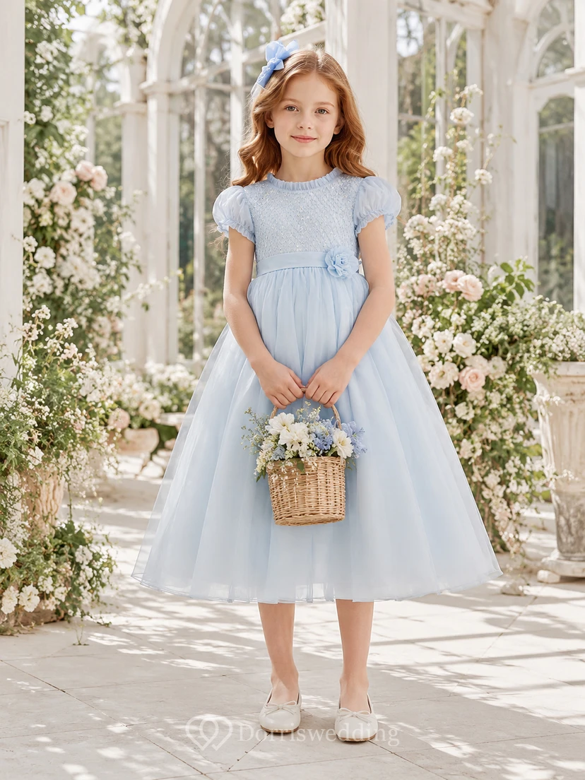 Flower Girl Dress Sky Blue Tulle A-Line Jewel Neck Tea Length Bow Back