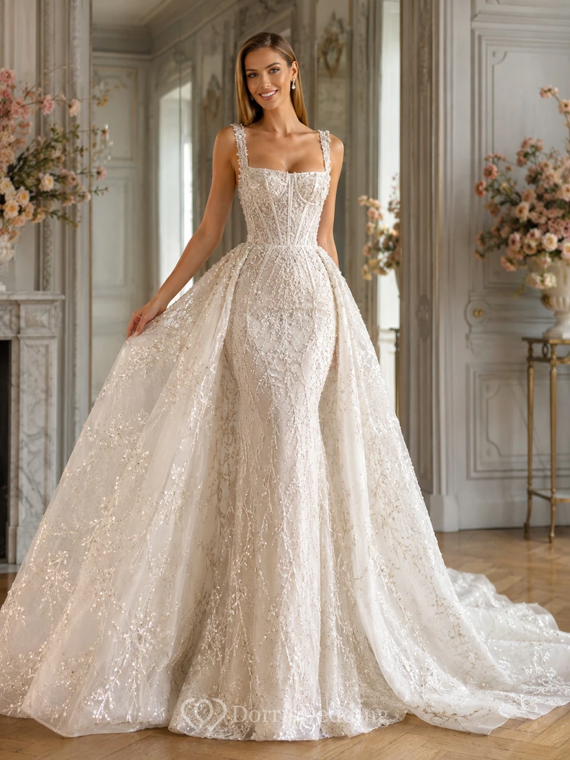 Robe de mariée en tulle et dentelle fluide, col carré, sans manches, coupe trapèze, traîne chapelle, sequins, style bord de lac