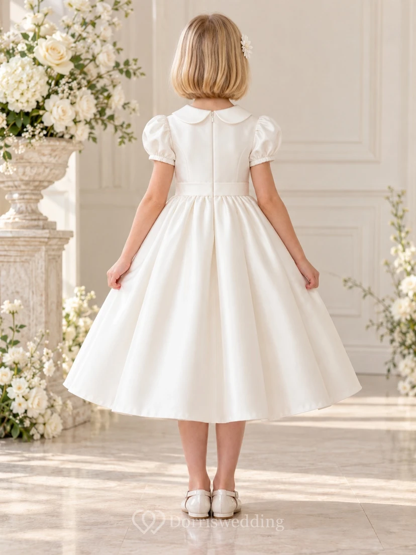 Ivory Peter Pan Collar Puff Sleeve Tea-length Flower Girl Dress view 2
