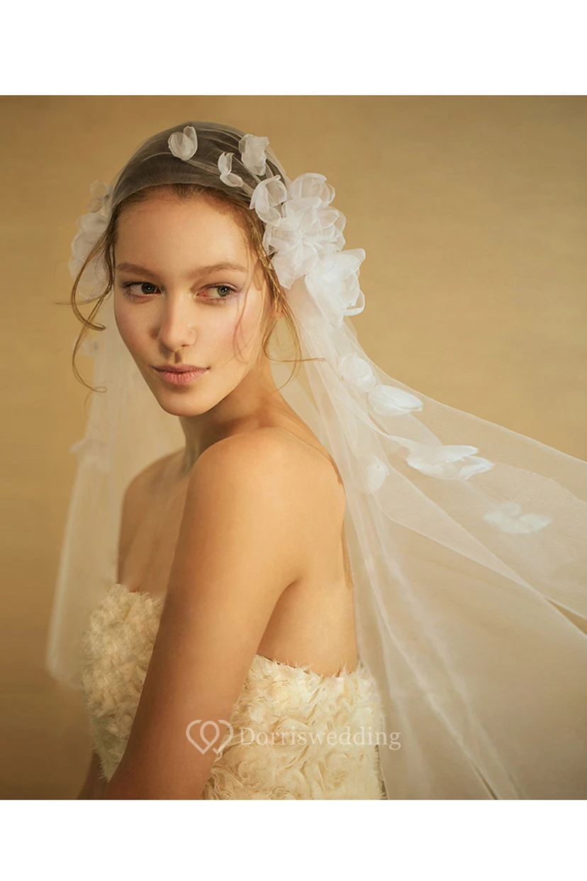 Beautiful Handmade Long Tulle Veil with Flowers view 4