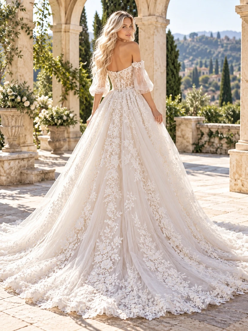 Boho Off Shoulder Sheer Puff Sleeve Floral Tulle Wedding Dress view 2