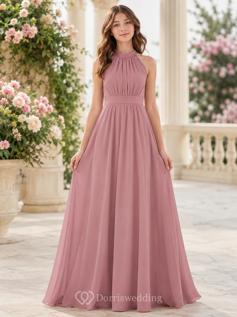 Brautjungfernkleid in Altrosa, A-Linie, hoher Kragen, ärmellos