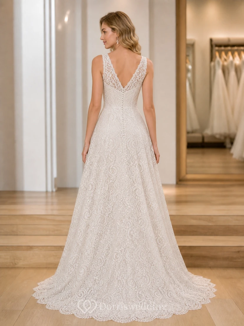 Vestido de novia romántico de corte A con escote en V y cola larga de encaje view 2