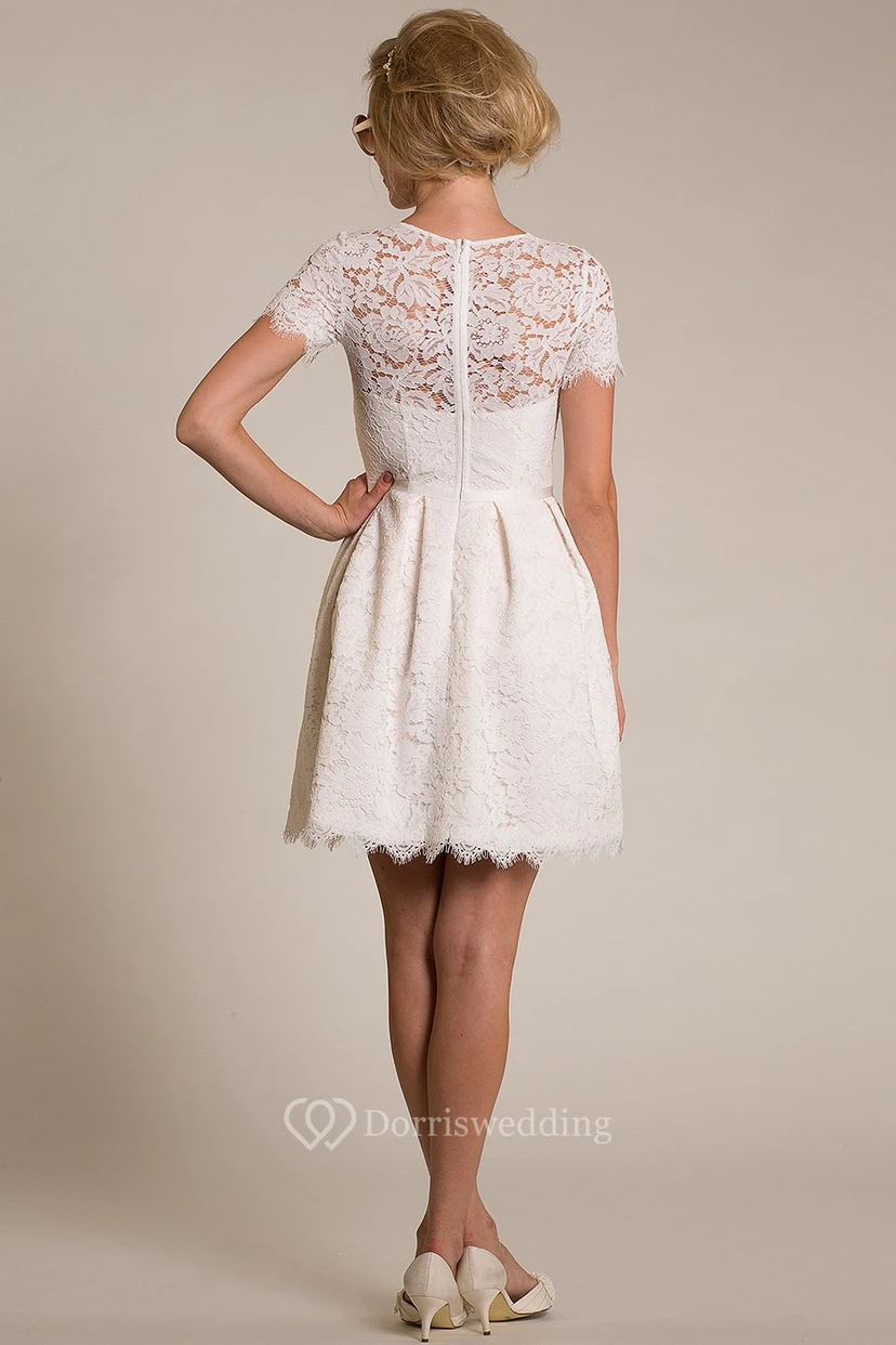 Sheath Short Short-Sleeve High Neck Lace Wedding Dress With Illusion view 2