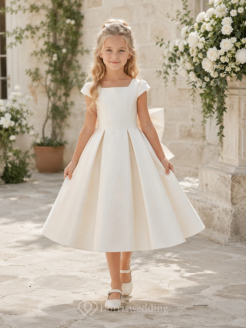 Elegante vestido de niña de las flores con corte en A, escote cuadrado, mangas abullonadas y lazo en la espalda de satén color marfil para la ceremonia.